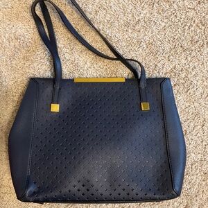 J.CREW CLAREMONT PERFORATED LEATHER TOTE BLUE NAVY